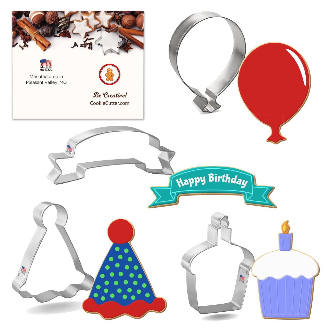 CookieCutter.com 4 Piece Birthday Cookie Cutter Set Balloon, Banner, Cupcake, Party Hat, USA